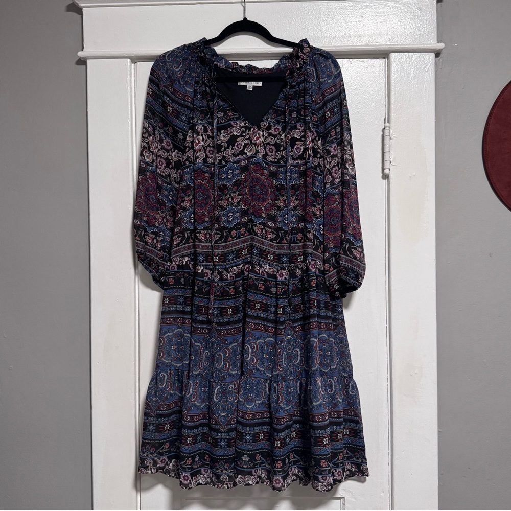 Sandra Darren 14W Boho Print Dress | Plus Size Long Sleeve Tiered A-Line Dress